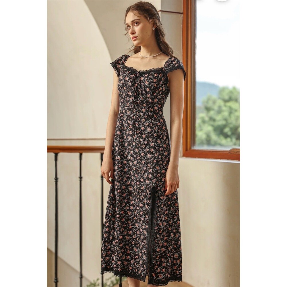 Rosie Posie Dress Womens M Black Ditsy Floral Midi Square Neck Lace Trim - Picture 7 of 7